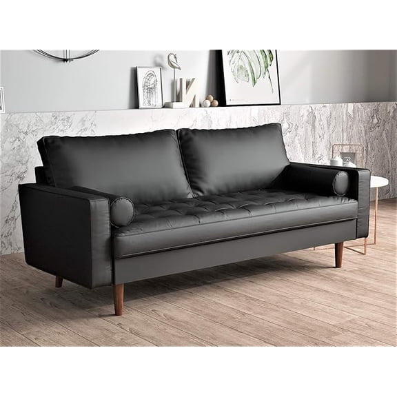 Faux leather Mid Century Modern Couch with Bolster Pillows
