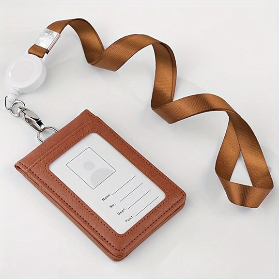 Faux leather badge holder with ID clip, name tag bag and shoulder strap, suitable for offices, buses and subways - English language use - 1 piece