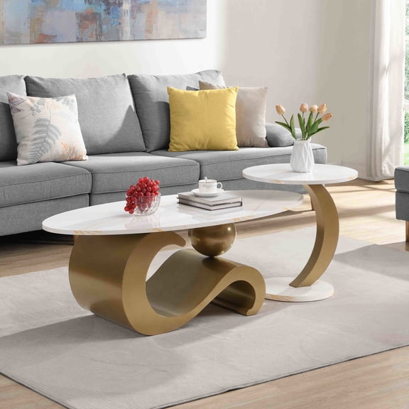Faux marble table with golden touch / Living room furniture combination option / Quick and simple assembly