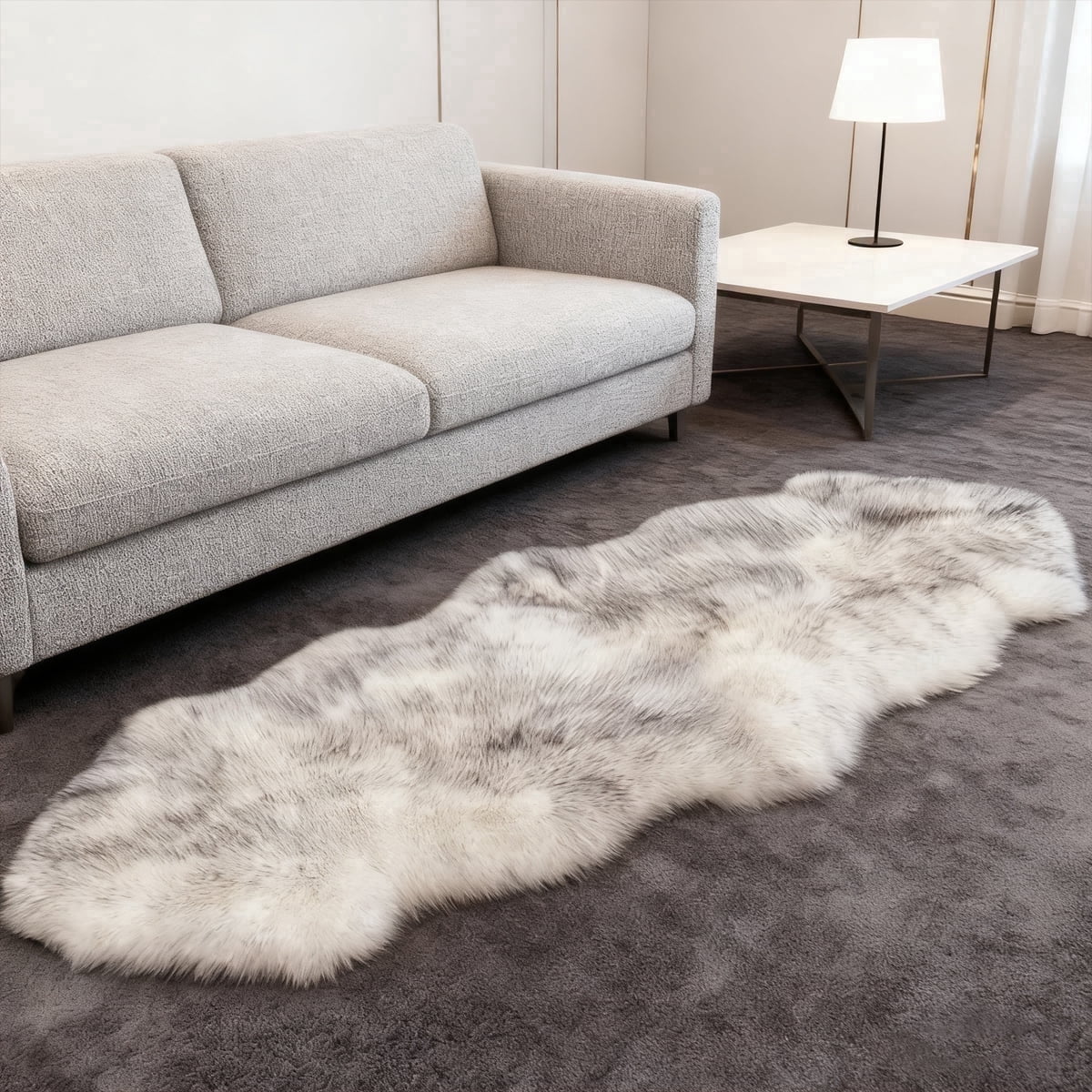 Faux sheepskin area rug 2'x6', white-gray machine-washable fluffy rug，Suitable for bedroom, living room, and children's room bedside rug