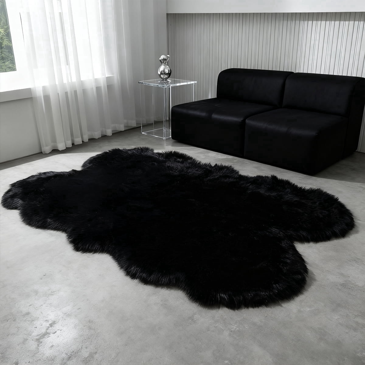 Faux sheepskin area rug 4'x6', black machine-washable fluffy carpet，Suitable for bedroom, living room, and children's room bedside rug