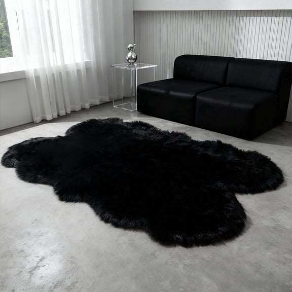 Faux sheepskin area rug 4'x6', black machine-washable fluffy carpet，Suitable for bedroom, living room, and children's room bedside rug