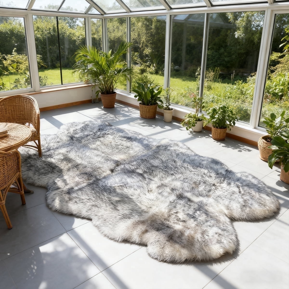Faux sheepskin area rug 4'x6', white-gray machine-washable fluffy carpet，Suitable for bedroom, living room, and children's room bedside rug
