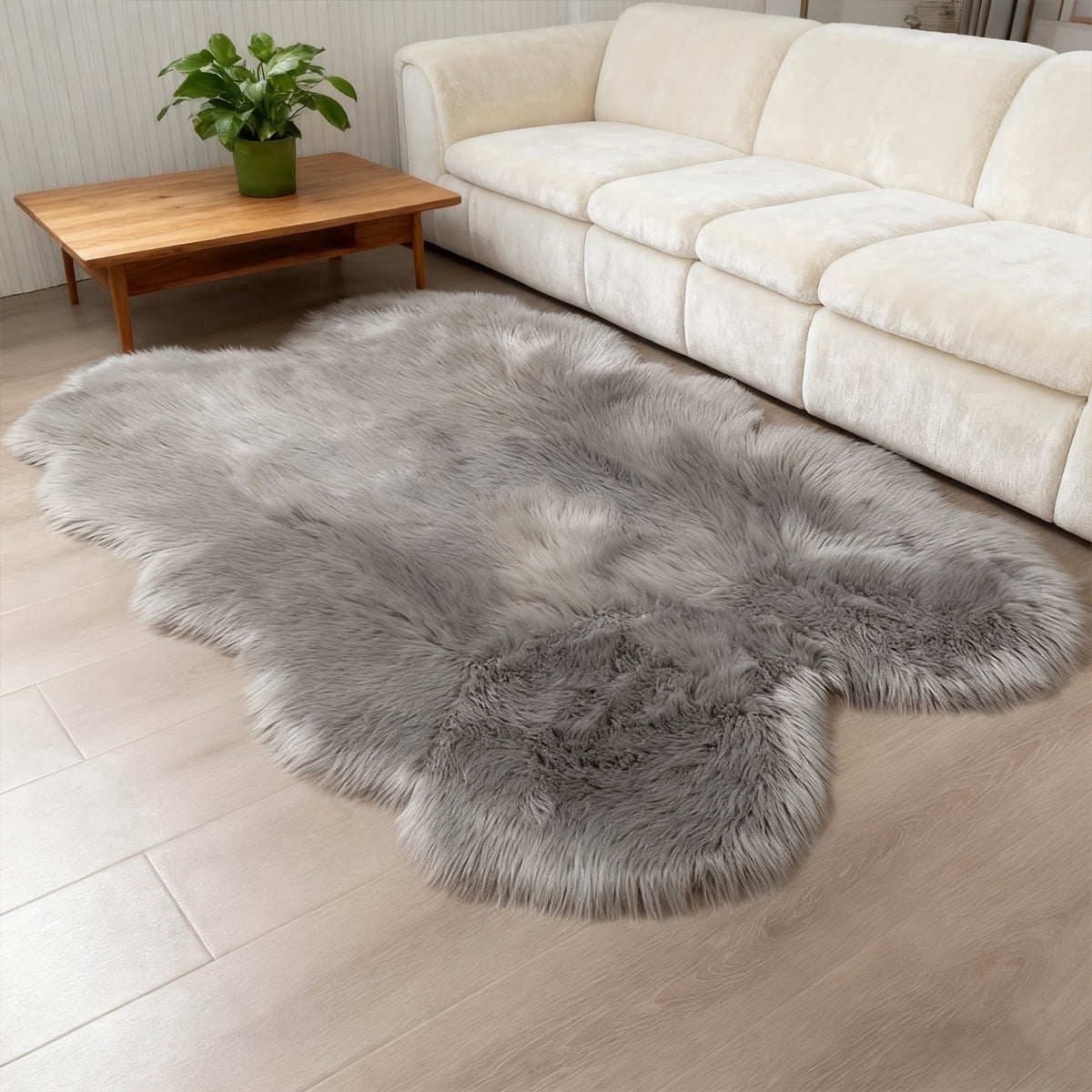 Faux sheepskin rug 4'x6', gray machine-washable plush rug, suitable for use beside the bed in the bedroom, living room, and kids' room