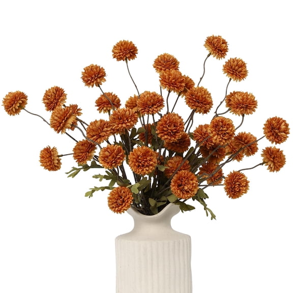 6pcs faux silk pompon mums, mini chrysanthemum ball stems for wedding bouquets, DIY centerpieces, home decor, vase table arrangements, burnt orange