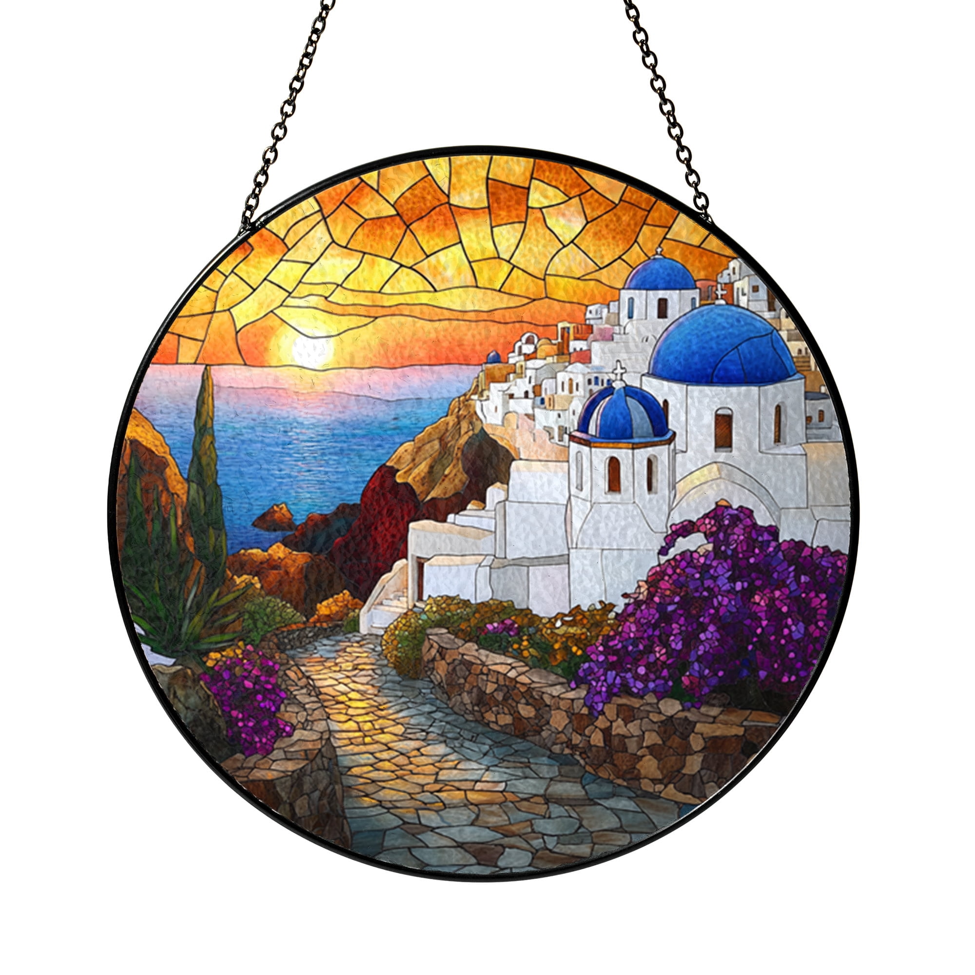 Faux stained glass Santorini panel, serene sunset window hanging for travel inspired decor