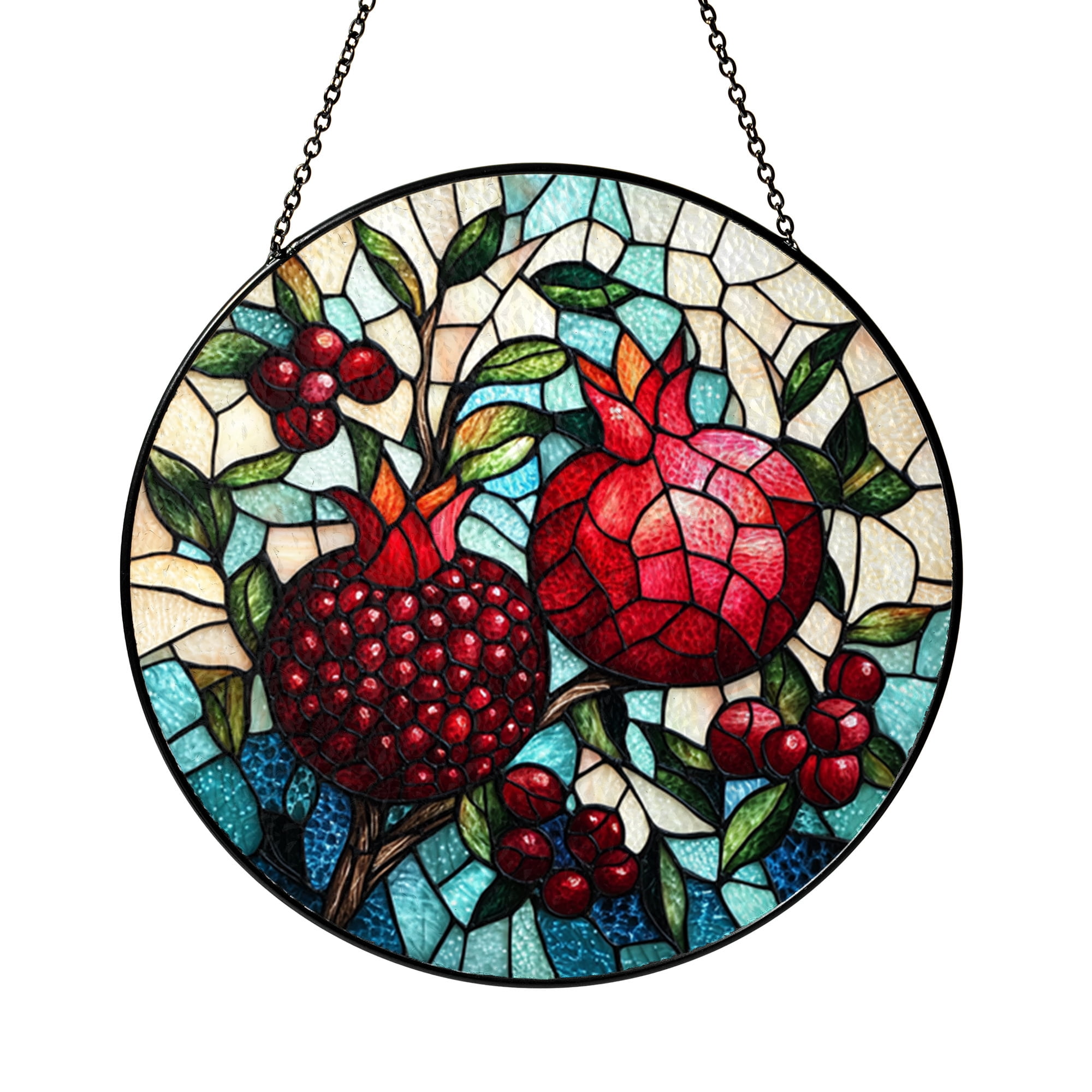 Faux stained glass pomegranate and blossom panel, cheerful kitchen window art