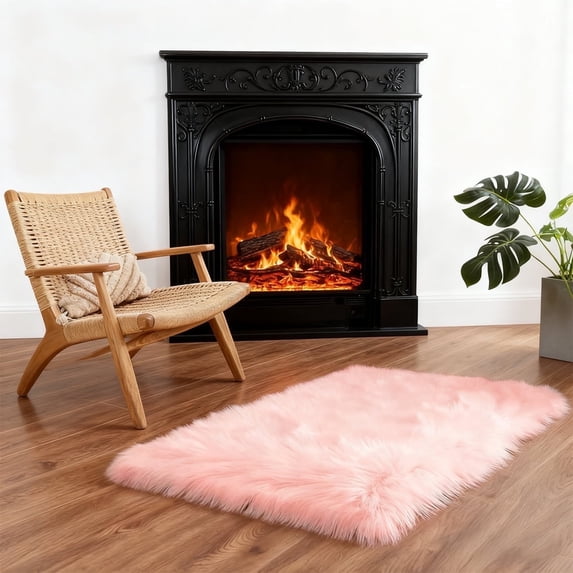 Faux sheepskin rug 2'x3', pink square plush rug, suitable for placing by the bed in the bedroom, living room, and children's room