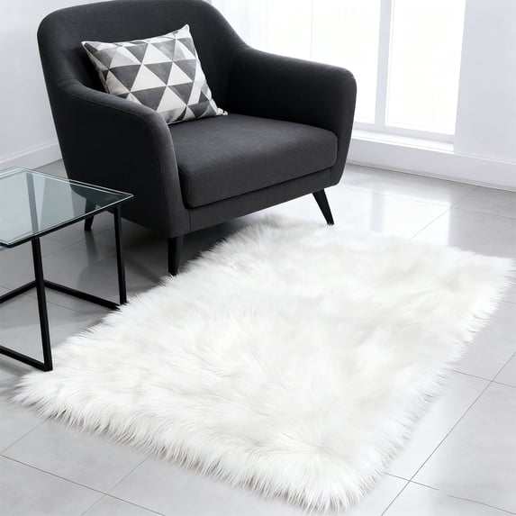 Faux sheepskin rug 2'x3', white square plush rug, suitable for placing by the bed in the bedroom, living room, and children's room