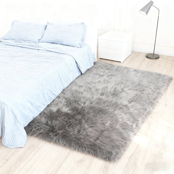 Faux sheepskin rug 3'x5', gray square plush rug, suitable for placing by the bed in the bedroom, living room, and children's room