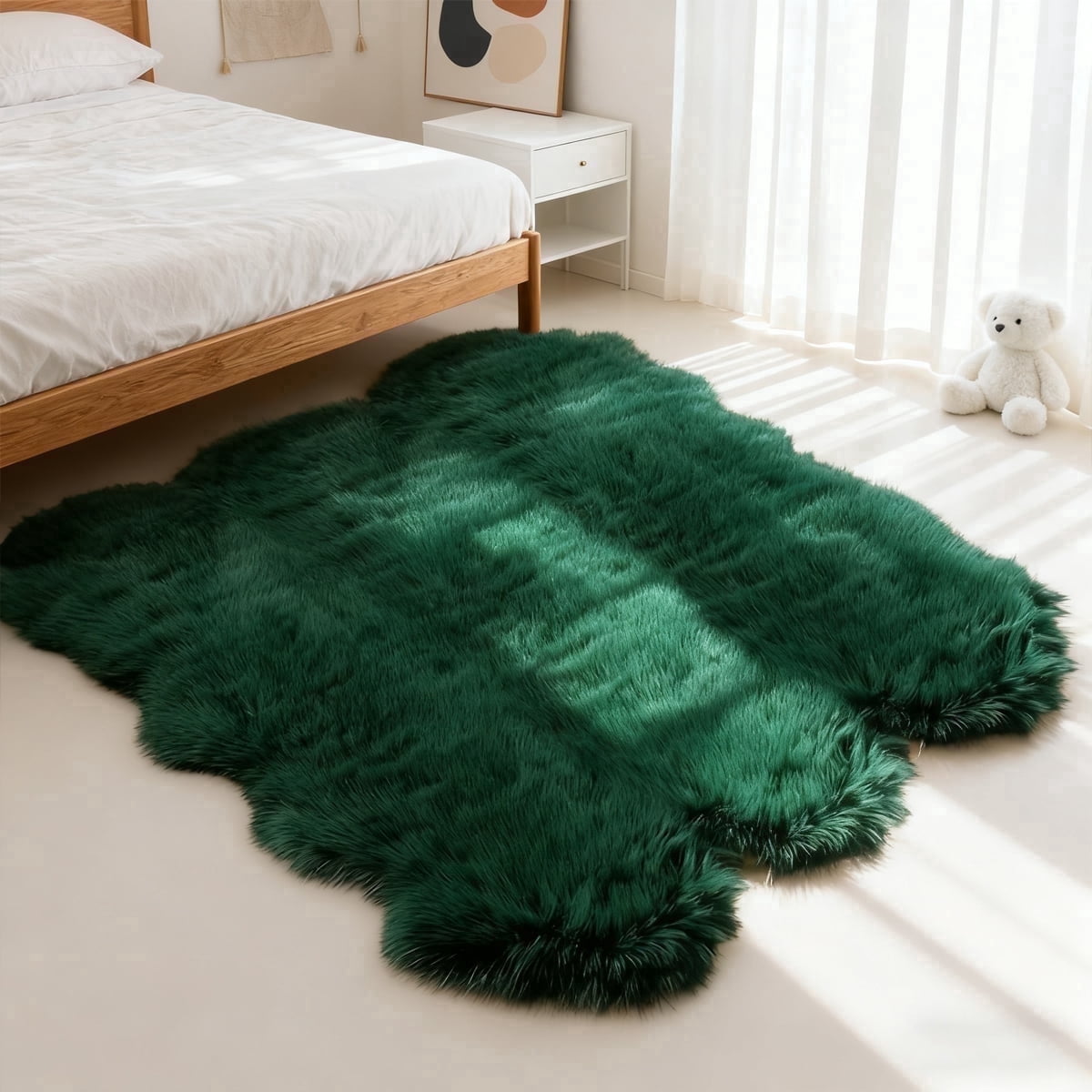 Faux sheepskin area rug 6'x6', green machine-washable plush rug, suitable for placing beside the bed in the bedroom, living room, or kids' room