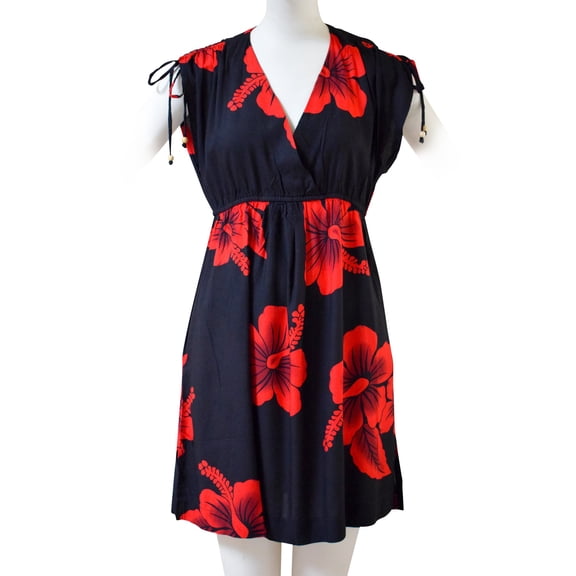 Favant Hibiscus Adjustable Sleeve V-Neck Tie Shoulder Dress