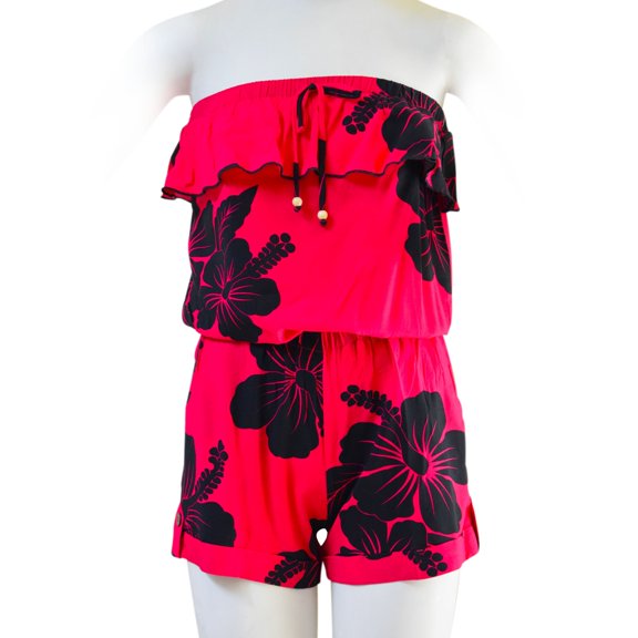 Favant Hibiscus Strapless Ruffle Short Romper Jumpsuit with Pockets