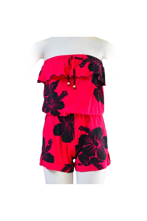 Hibiscus Strapless Ruffle Short Romper Jumpsuit with Pockets