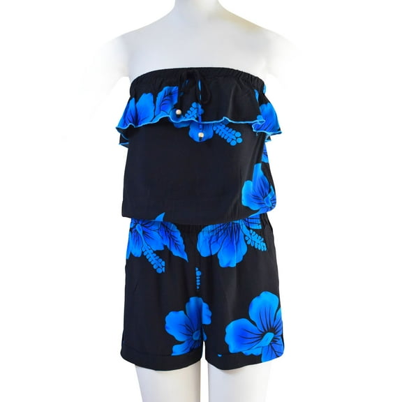 Favant Hibiscus Strapless Ruffle Short Romper Jumpsuit with Pockets