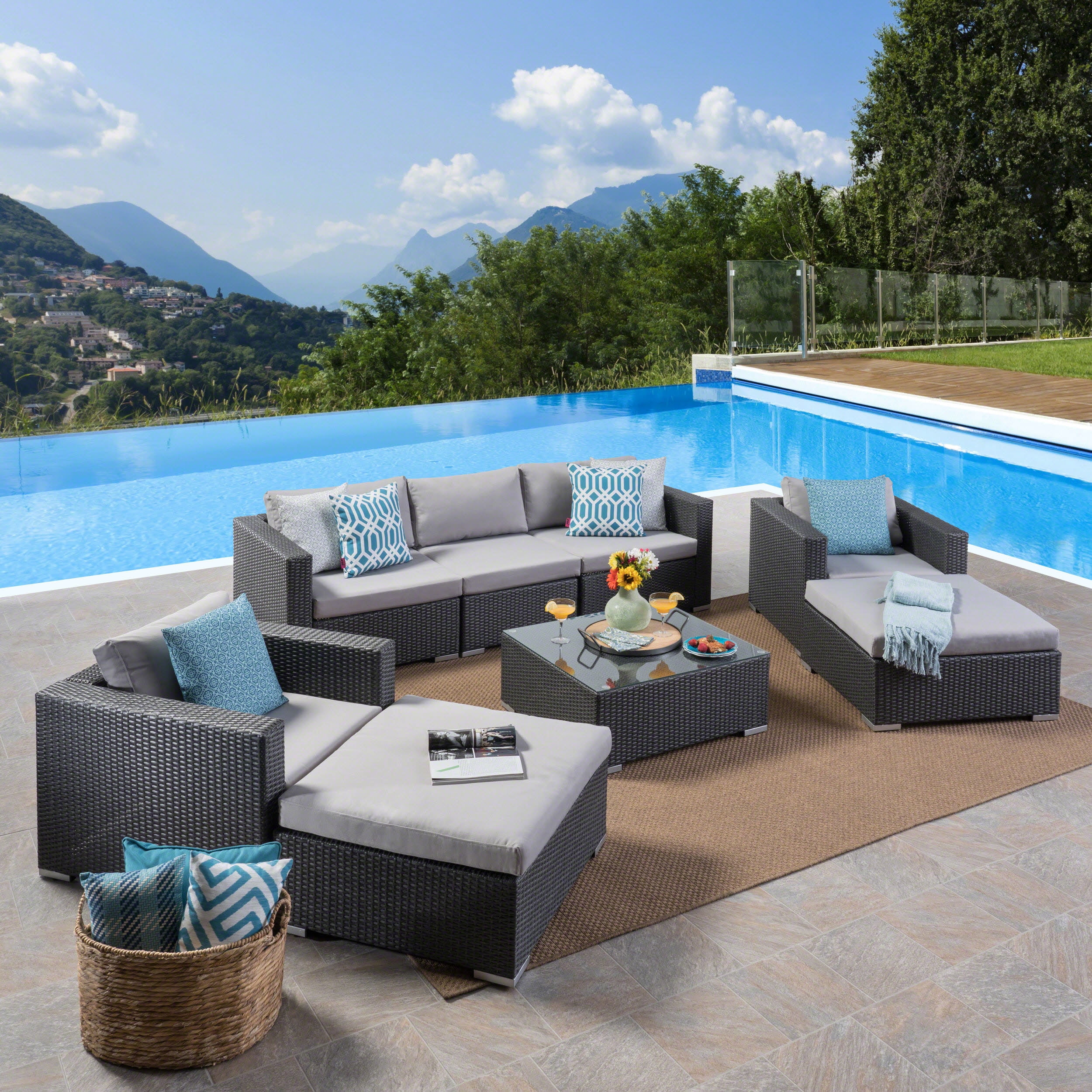 Favioal Outdoor 5 Seater Wicker Chat Set with Aluminum Frame and Cushions, Grey, Silver