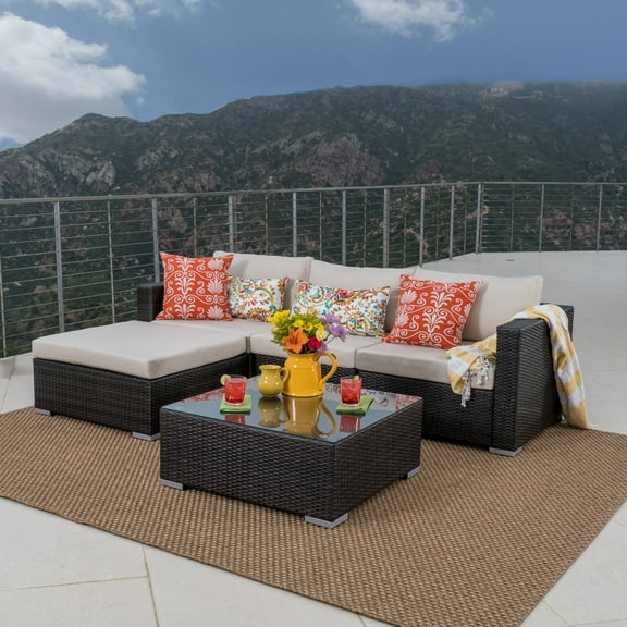 Faviola 4 Seater Outdoor Wicker Sectional Sofa Set with Aluminum Frame and Cushions, Multibrown, Beige