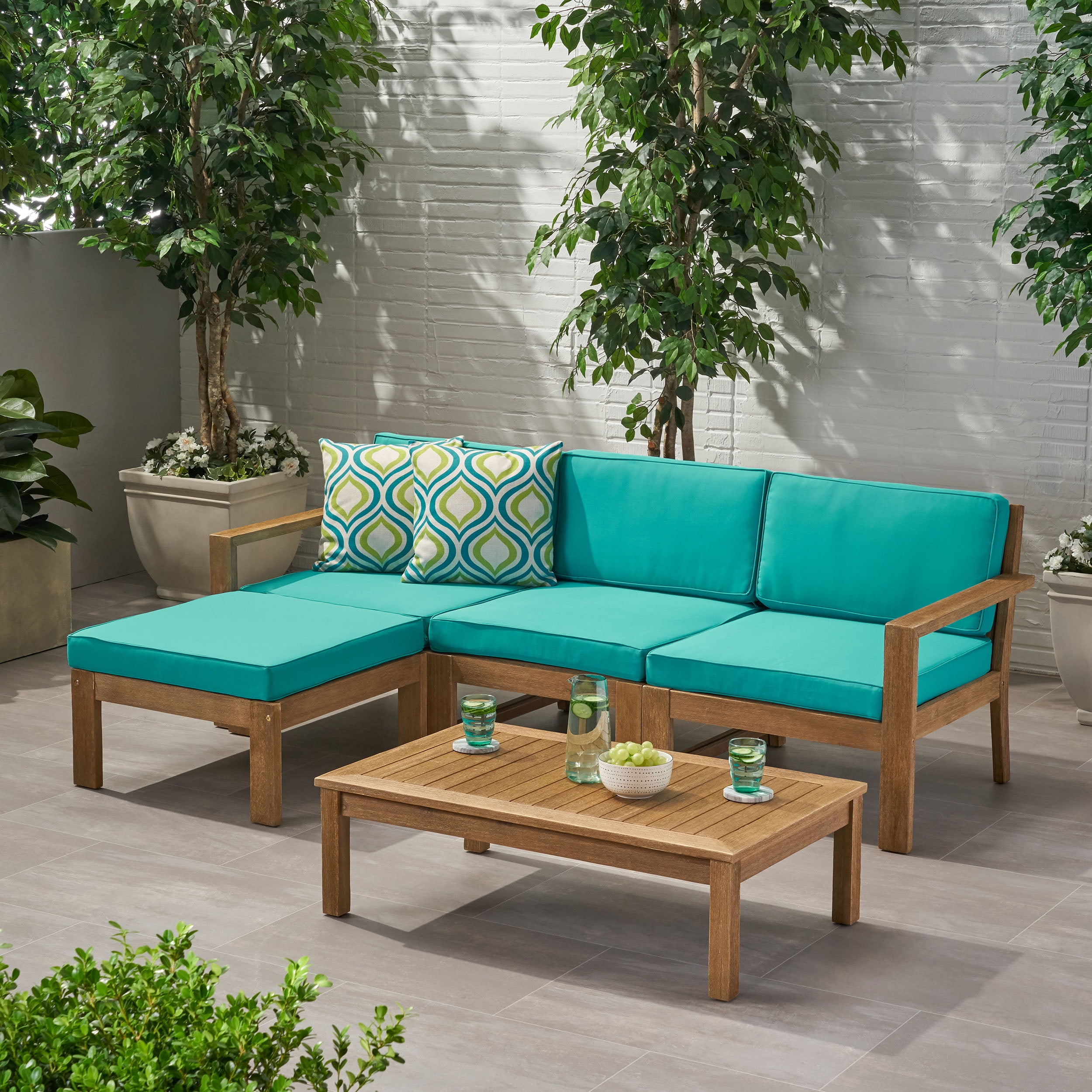 Faviola Ana Outdoor 3 Seater Acacia Wood Sofa Sectional with Cushions, Light Brown and Teal