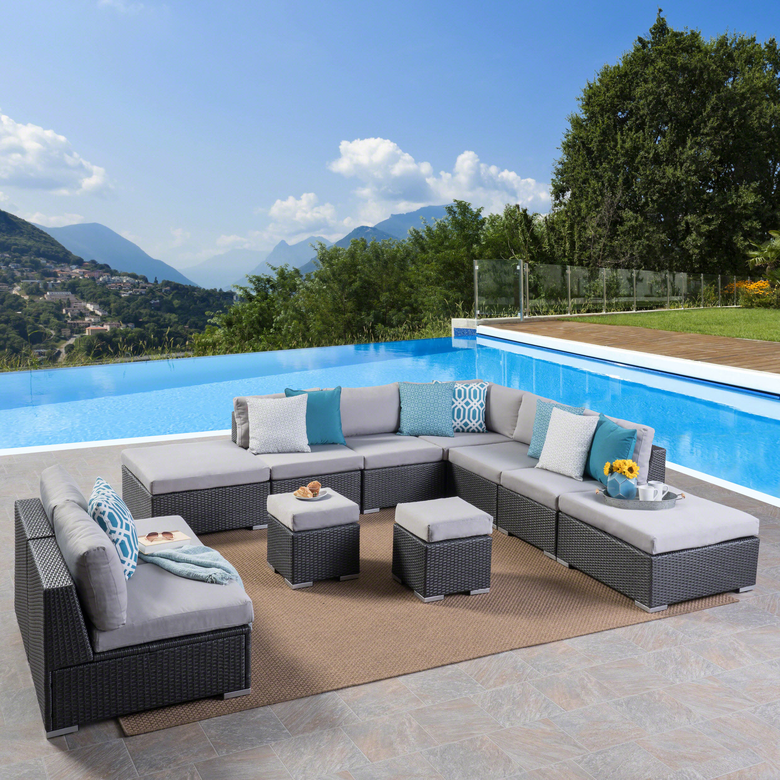Faviola Outdoor 10 Piece Wicker Sectional Set with Ottomans, Grey, Silver - image 1 of 6
