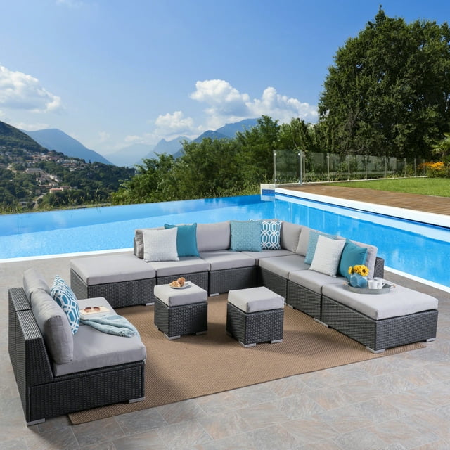 Faviola Outdoor 10 Piece Wicker Sectional Set with Ottomans, Grey, Silver