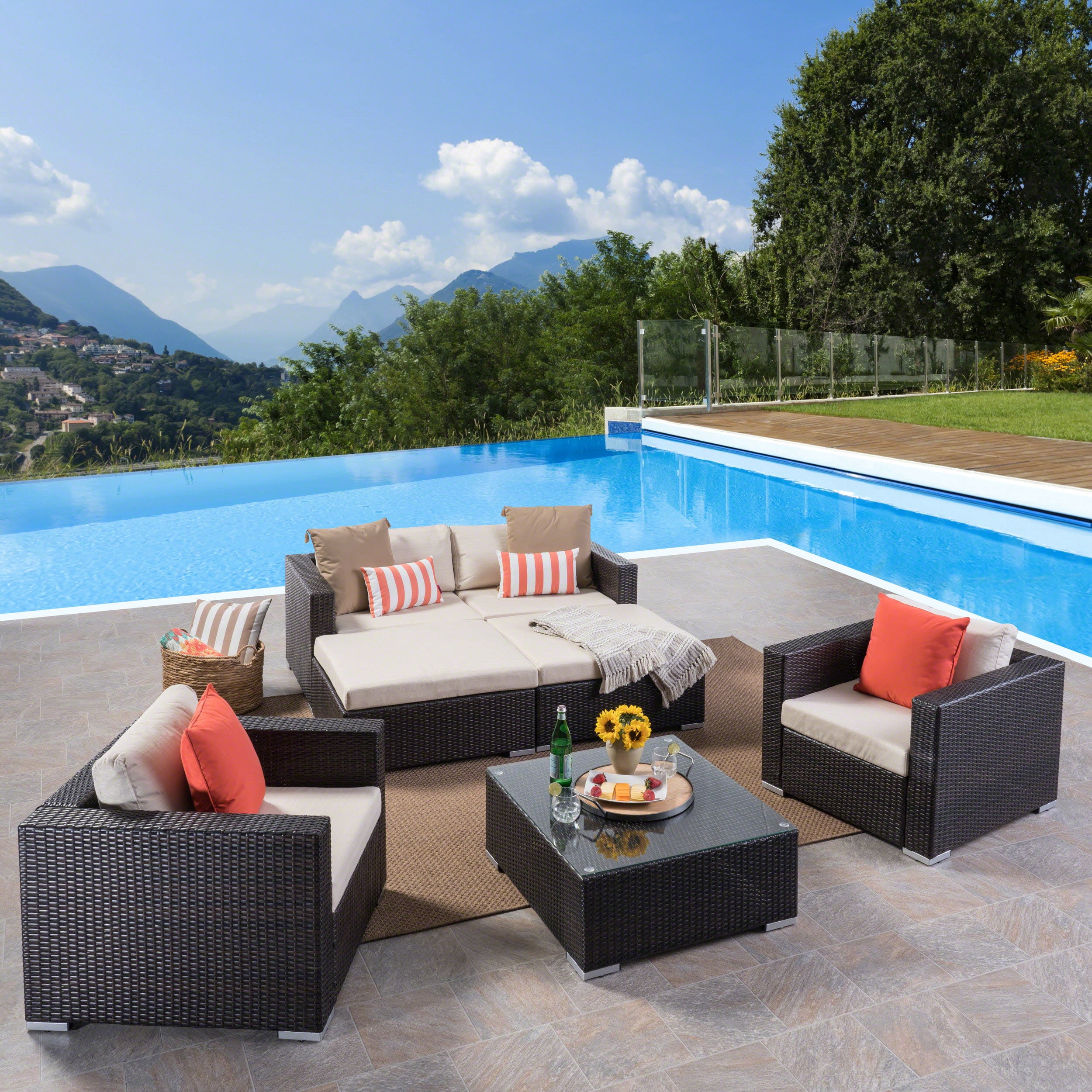 Faviola Outdoor 4 Seater Wicker Chat Set with Aluminum Frame and Cushions, Multibrown, Beige