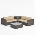 thumbnail image 1 of Faviola Outdoor 4 Seater Wicker Sofa Set with Storage Ottoman and Sunbrella Cushions, Mutlibrown and Sunbrella Antique Beige, 1 of 11