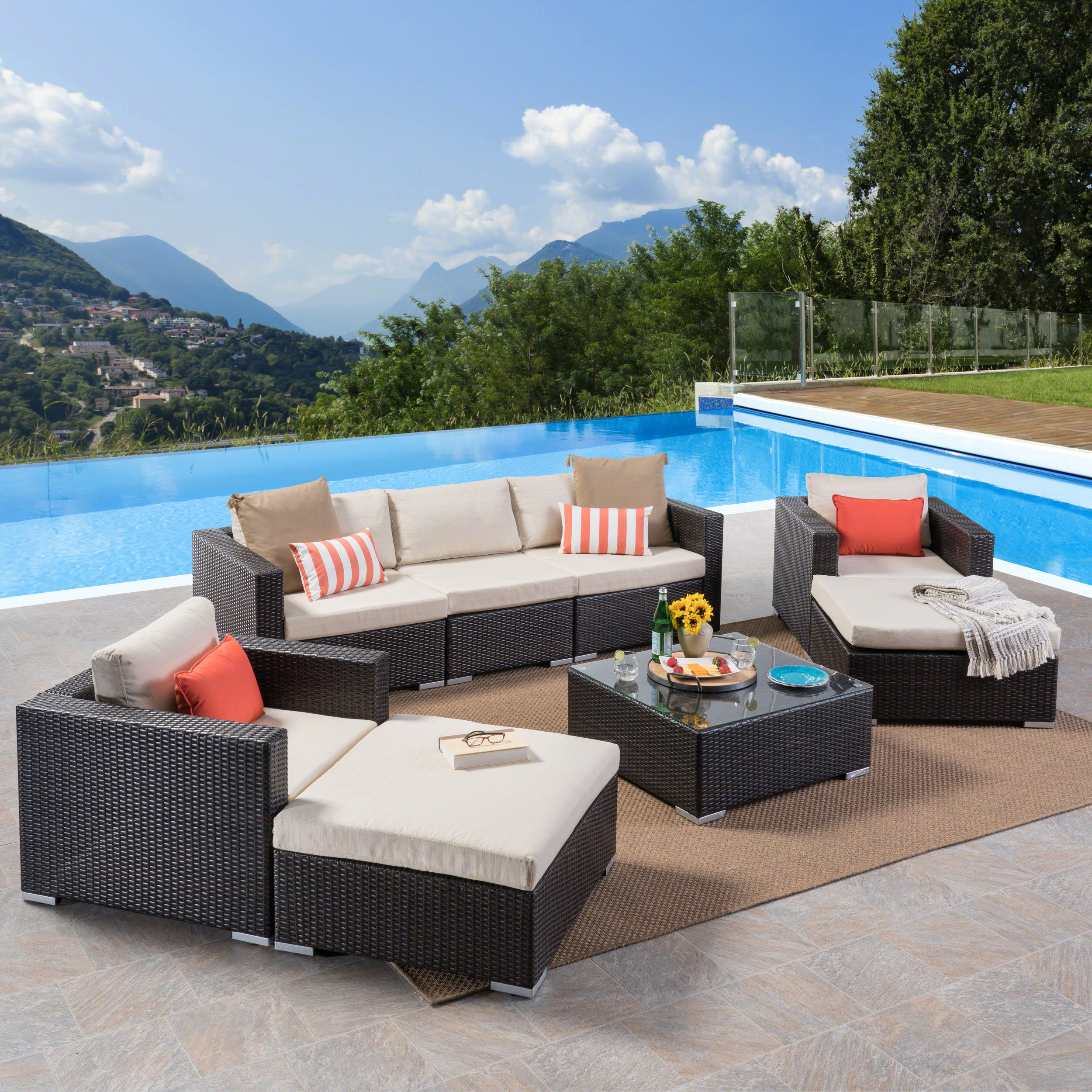 Faviola Outdoor 5 Seater Wicker Chat Set with Aluminum Frame and Cushions, Multibrown, Beige - image 1 of 11
