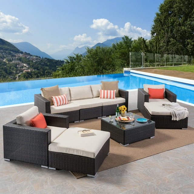 Faviola Outdoor 5 Seater Wicker Chat Set with Aluminum Frame and Cushions, Multibrown, Beige