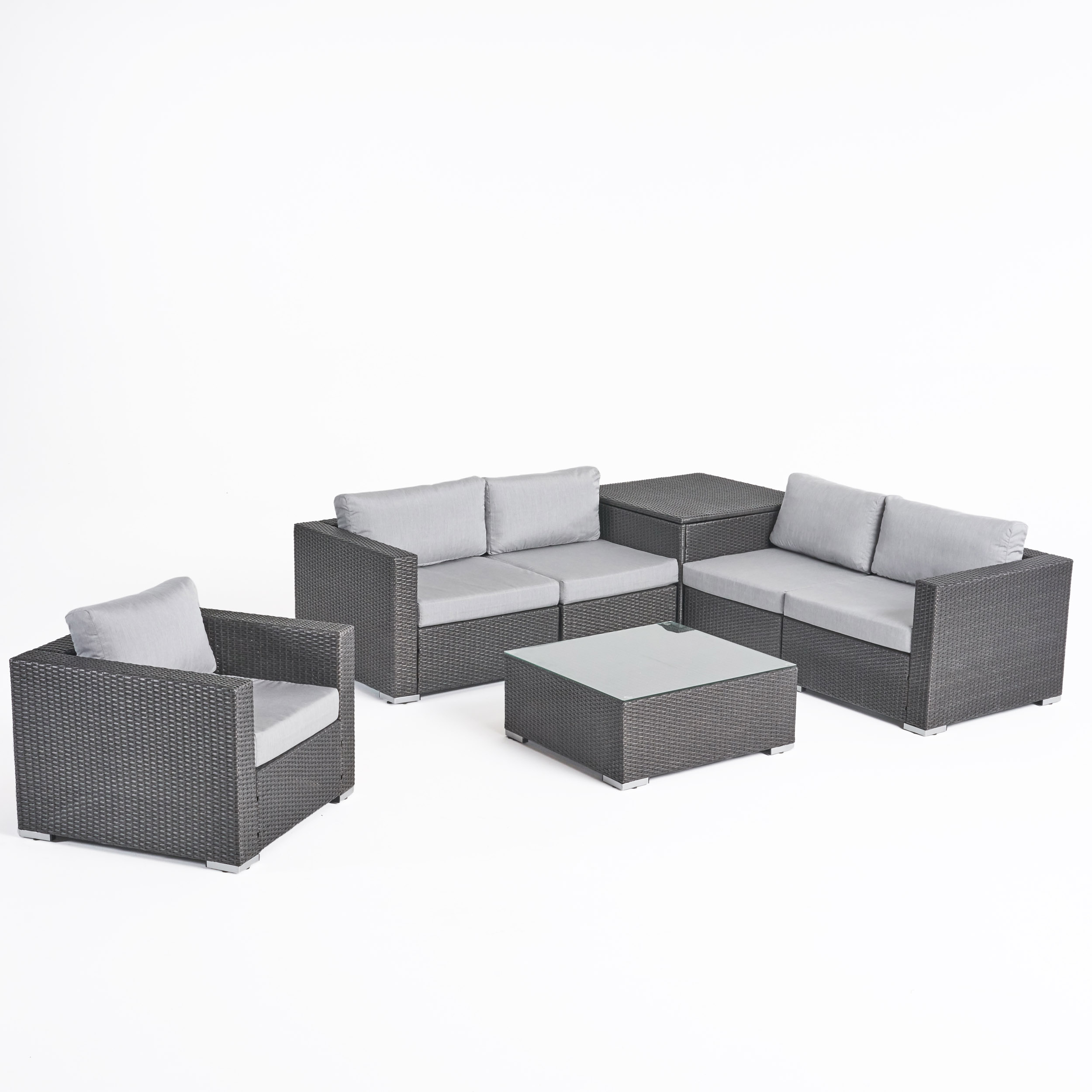 Faviola Outdoor 5 Seater Wicker Sectional Sofa Set with Storage Ottoman and Sunbrella Cushions, Gray and Sunbrella Canvas Granite - image 1 of 11