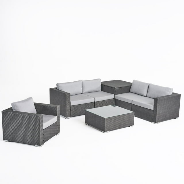 Faviola Outdoor 5 Seater Wicker Sectional Sofa Set with Storage Ottoman and Sunbrella Cushions, Gray and Sunbrella Canvas Granite