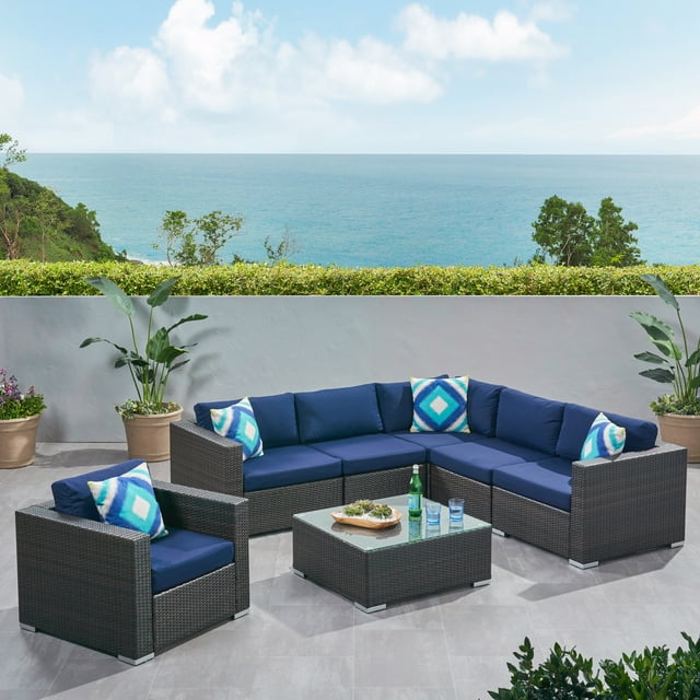 Faviola Outdoor 6 Seater Wicker Sectional Sofa Set with Sunbrella Cushions, Multibrown and Sunbrella Canvas Navy