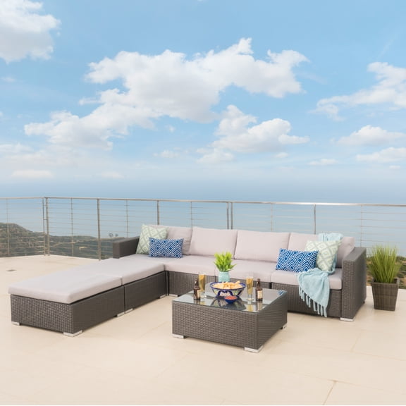 Faviola Outdoor 6 Seater Wicker Sectional Sofa with Aluminum Frame and Cushions, Grey, Silver