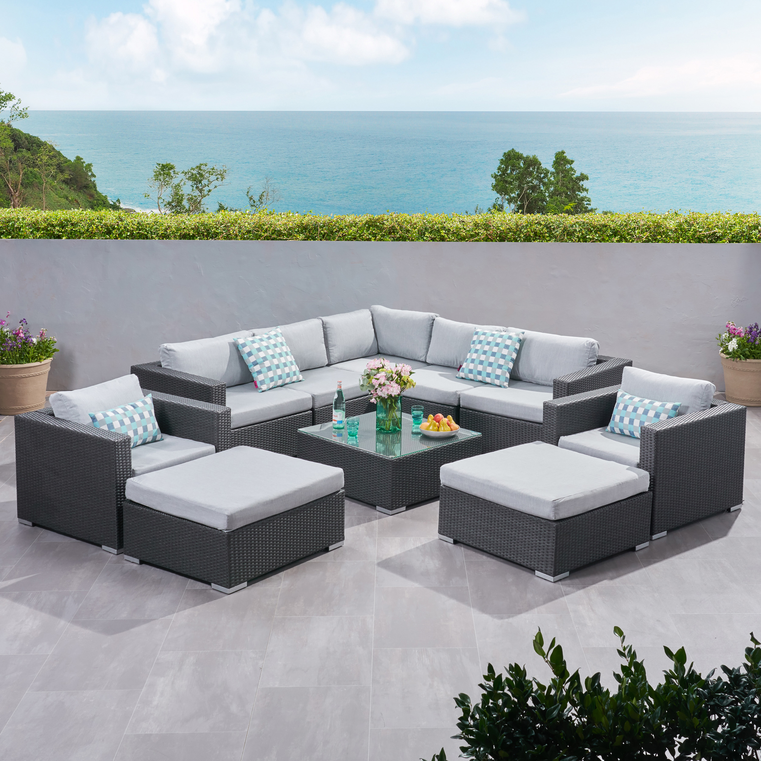 Faviola Outdoor 7 Seater Wicker Sectional Sofa Set with Sunbrella Cushions, Gray and Sunbrella Canvas Granite - image 1 of 10