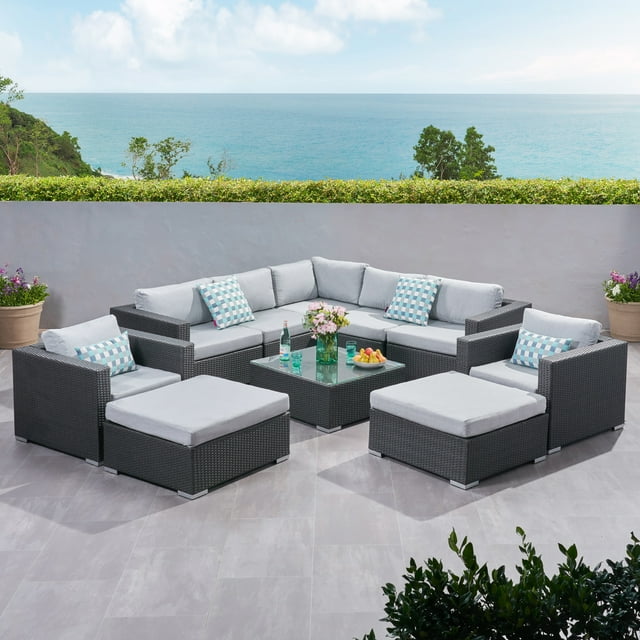 Faviola Outdoor 7 Seater Wicker Sectional Sofa Set with Sunbrella Cushions, Gray and Sunbrella Canvas Granite