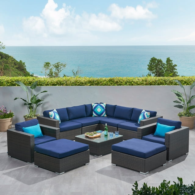 Faviola Outdoor 7 Seater Wicker Sectional Sofa Set with Sunbrella Cushions, Multibrown and Sunbrella Canvas Navy