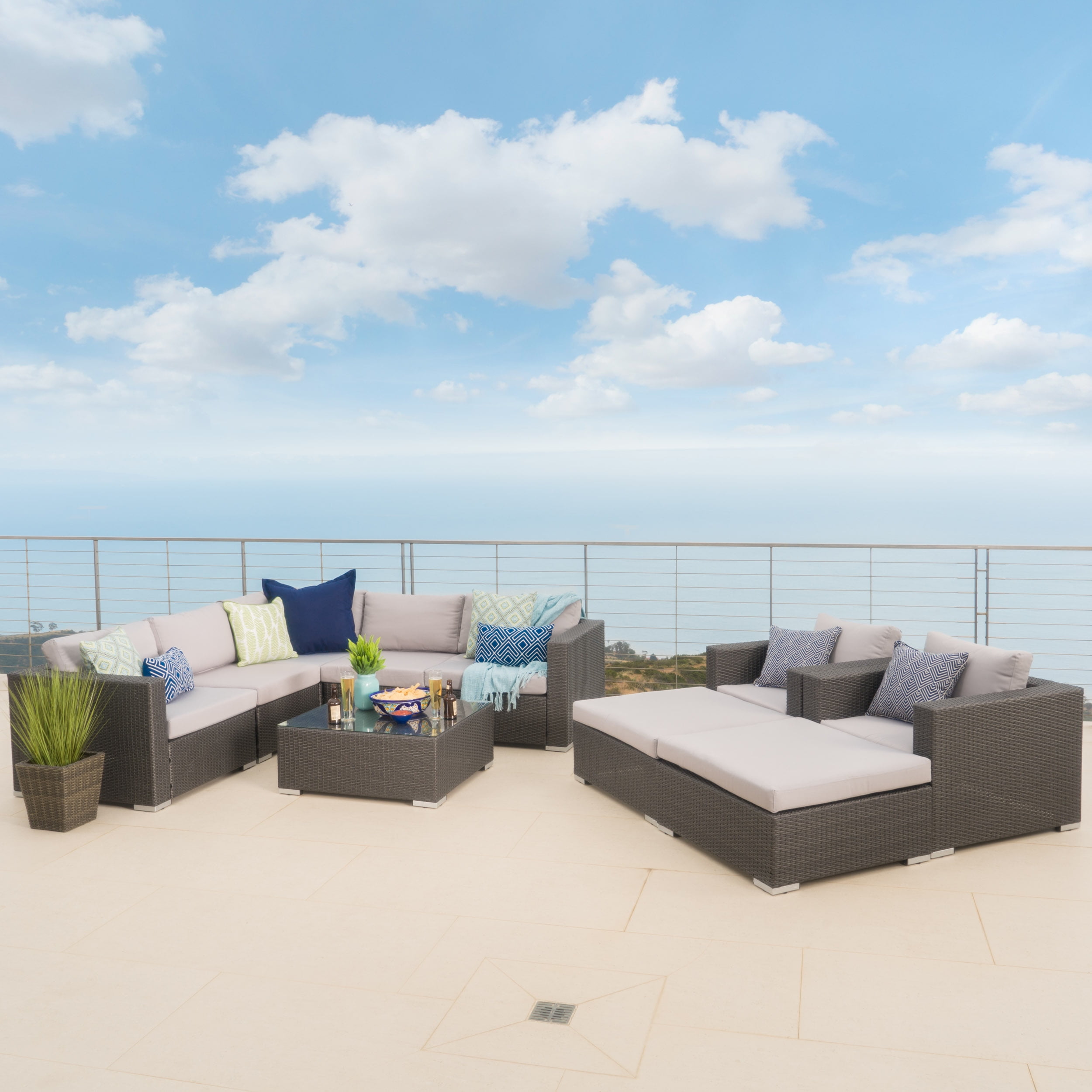 Faviola Outdoor 7 Seater Wicker Sectional Sofa with Aluminum Frame and Cushions, Grey, Silver