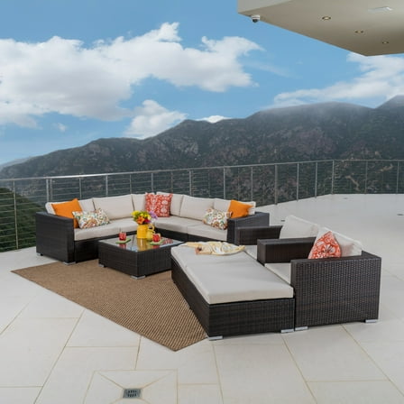 Faviola Outdoor 7 Seater Wicker Sectional Sofa with Aluminum Frame and Cushions, Multibrown, Beige