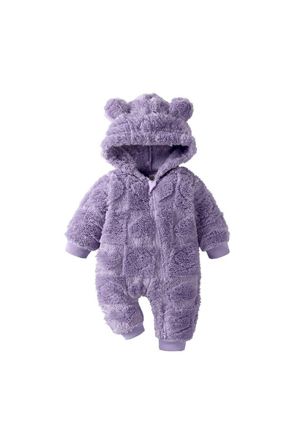 0-12M Unisex Newborn Solid Color Onesie, Plush Hooded Long Romper for Daily, Travel, Home Wear