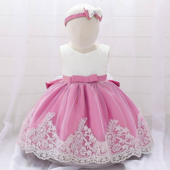 Favoffer 0-24 Months Baby Girls Embroidery Dress Big Bowknot Pageant Party Wedding Toddler Tutu Ball Gown with Headband
