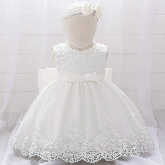 Favoffer 0-24 Months Baby Girls Embroidery Dress Big Bowknot Pageant Party Wedding Toddler Tutu Ball Gown with Headband