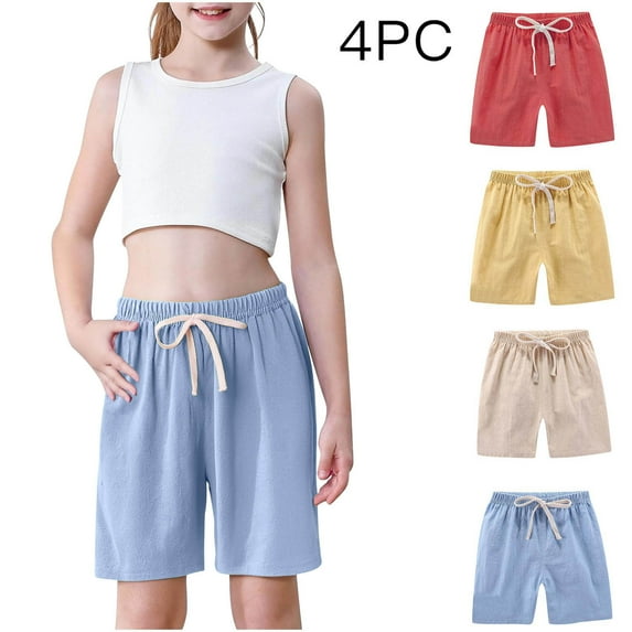 Favoffer 1-4PC Unisex Kids' Summer Fashion Solid Multicolor Elastic-Waist Linen Breathable Shorts,Toddler Sports Casual Shorts, for Casual, Travel, Play, Home 2-8Y