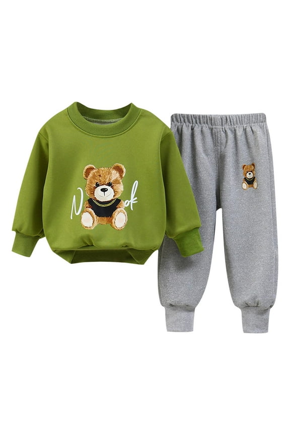 2PC Toddler Boys Girls Fall/Winter Teddy Bear Print Set (Sweatshirt + Pants), Cozy Cotton Outfit for Snuggles & Stroller Rides, 0-7Y