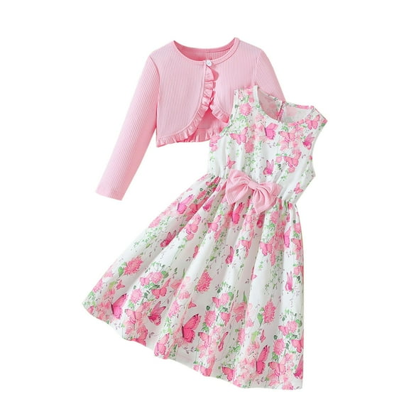 Favoffer 2PCS Little Toddler Girls Dress with Cardigan Floral Dresses Ruffle Shrug Sweaters Spring Full Clothes 3-10Y