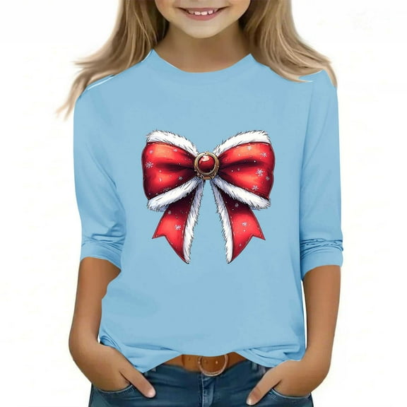 Favoffer 3/4 Sleeve Tops for Girls Toddler Christmas Graphic Round Neck Tops Casual Soft Crewneck Basic Tees Big Kids 3-12Y