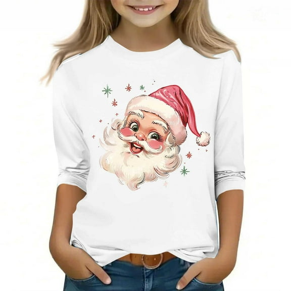 Favoffer 3/4 Sleeve Tops for Girls Toddler Christmas Graphic Round Neck Tops Casual Soft Crewneck Basic Tees Big Kids 3-12Y