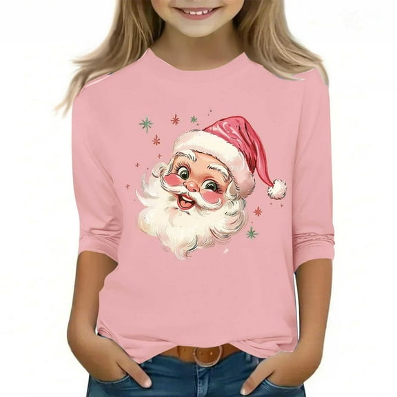 Favoffer 3/4 Sleeve Tops for Girls Toddler Christmas Graphic Round Neck Tops Casual Soft Crewneck Basic Tees Big Kids 3-12Y