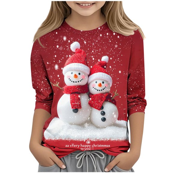 Favoffer 3/4 Sleeve Tops for Girls Toddler Christmas Graphic Round Neck Tops Casual Soft Crewneck Basic Tees Big Kids 3-12Y