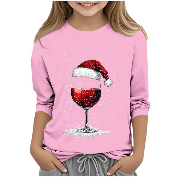 Favoffer 3/4 Sleeve Tops for Girls Toddler Christmas Graphic Round Neck Tops Casual Soft Crewneck Basic Tees Big Kids 3-12Y