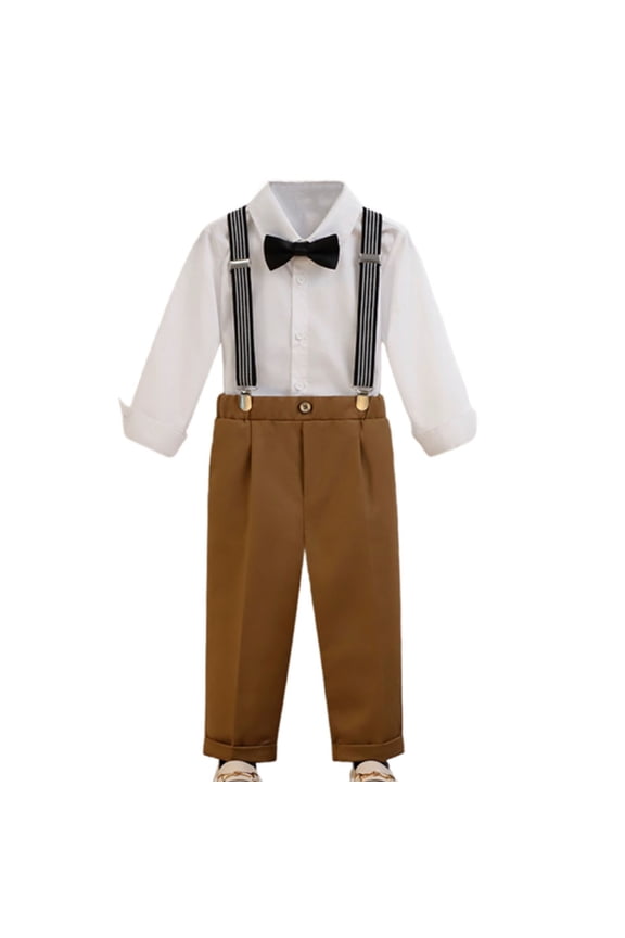 3PC Newborn Kids' Suspender Suit for Boys Girls Long Sleeve Shirt + Bow Tie + Pants Winter Solid Color Set for Pageants Weddings Birthdays Family Gatherings Baby Toddler 1-12Y