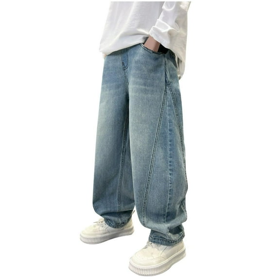 Favoffer All-Season Boys Blue Side-Slit Wide-Leg Denim Pants, Play,Travel,Casual,Outdoor 5-15Y